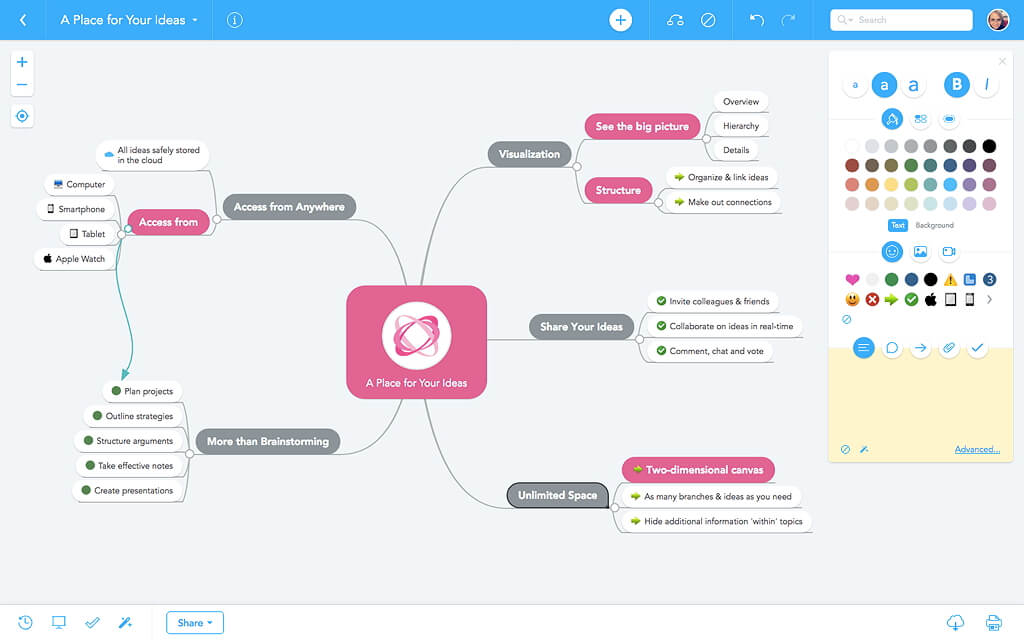Tampilan aplikasi MindMeister dengan terdapat gambar berwarna pink dengan tulisan A place for Your Ideas